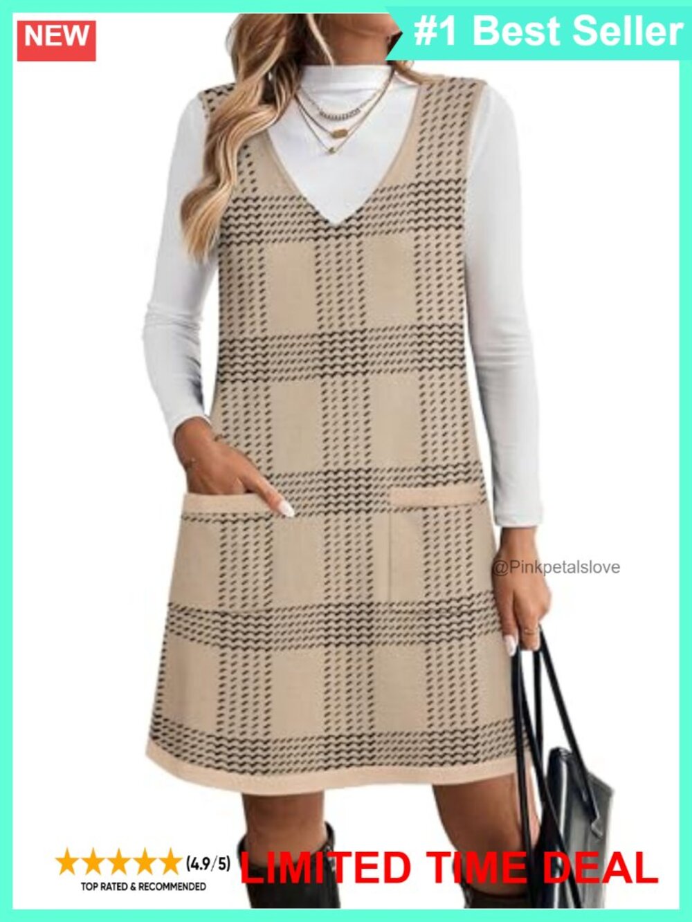Sleeveless Knit Sweater Vest Dress V-Neck Pullover with Pockets